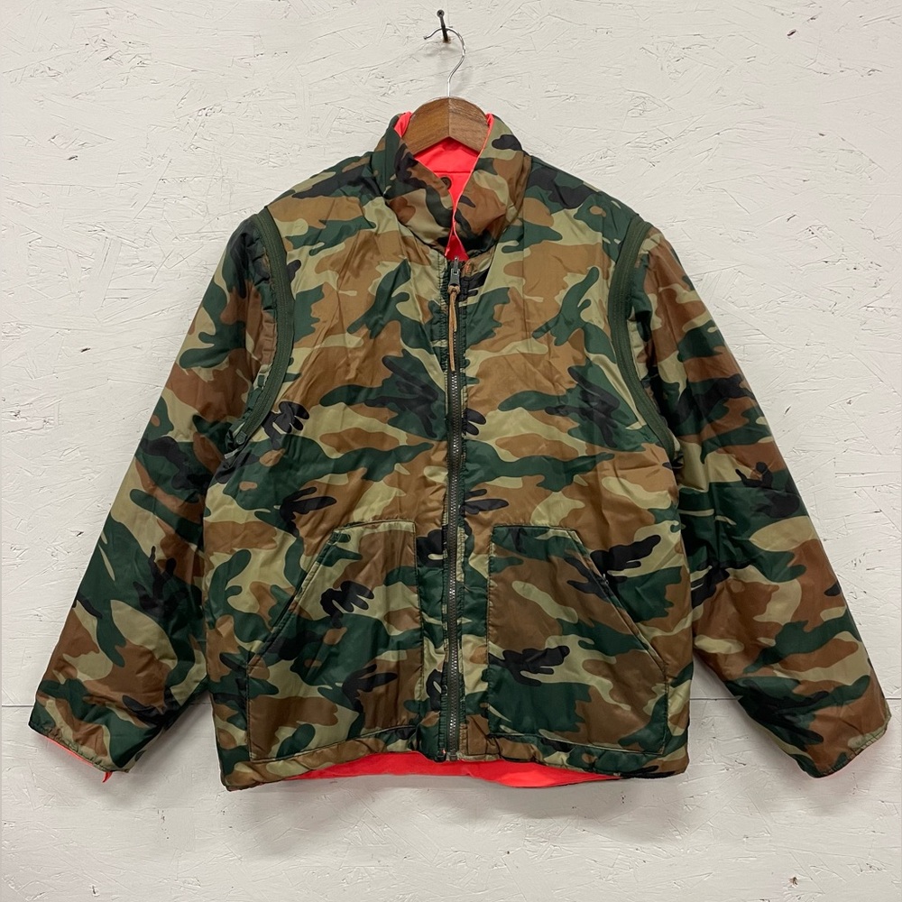 Vintage 80s Military Reversible Puffer Jacket, Size M, Hunter Orange and Camo